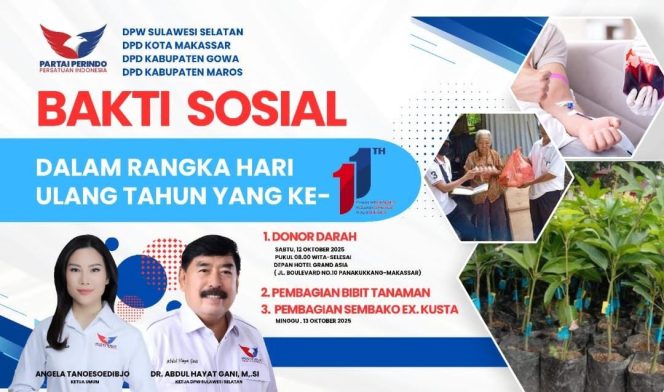 
					Perindo Sulsel Rayakan HUT ke-11 dengan Aksi Sosial: Donor Darah, Pembagian Bibit, dan Sembako untuk Warga