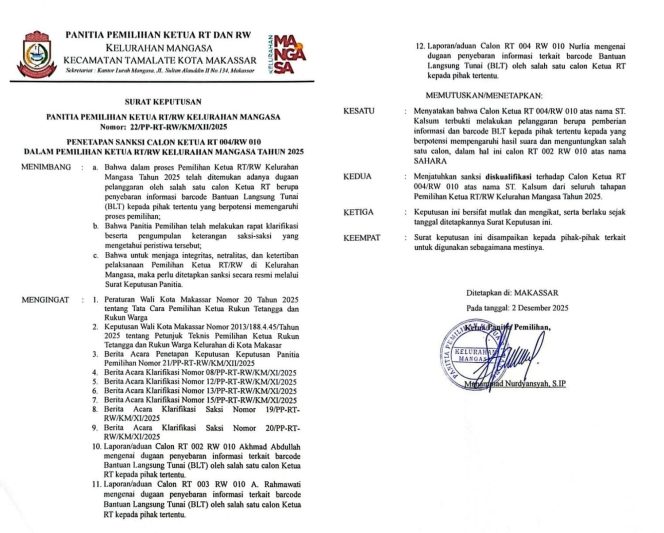 
					Langkah Tegas Lurah Mangasa, Diskualifikasi Calon Demi Netralitas Pemilihan RT/RW