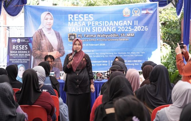 
					Fatma Wahyuddin, S.T., M.M., Anggota DPRD Provinsi Sulawesi Selatan dalam agenda Reses Kedua Tahun Sidang 2026 pada Titik 2 yang digelar di Jalan Dg Muda RT 02 RW 04, Kelurahan Parangtambung, Kecamatan Tamalate,(Dok Bars)